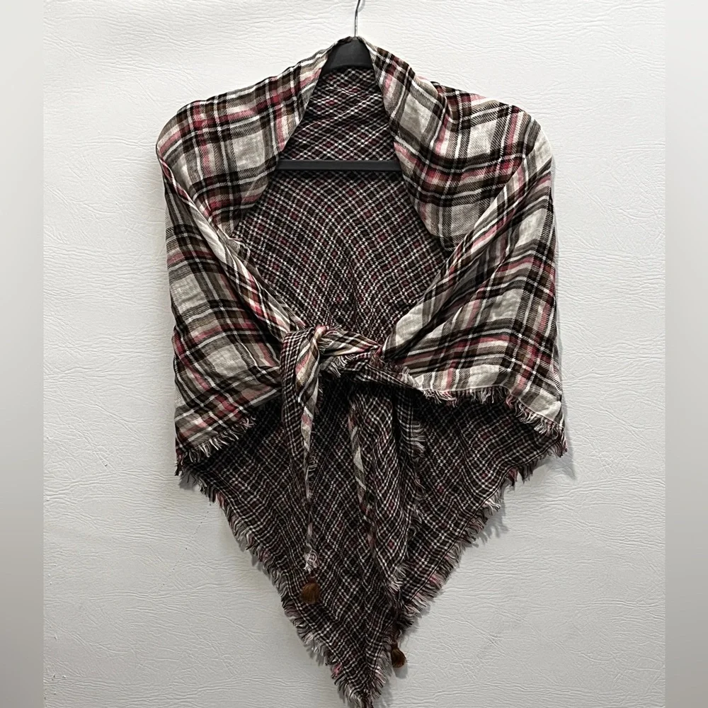 J. Jill Plaid Fringe Scarf Shawl in Cream, Black & Burgundy